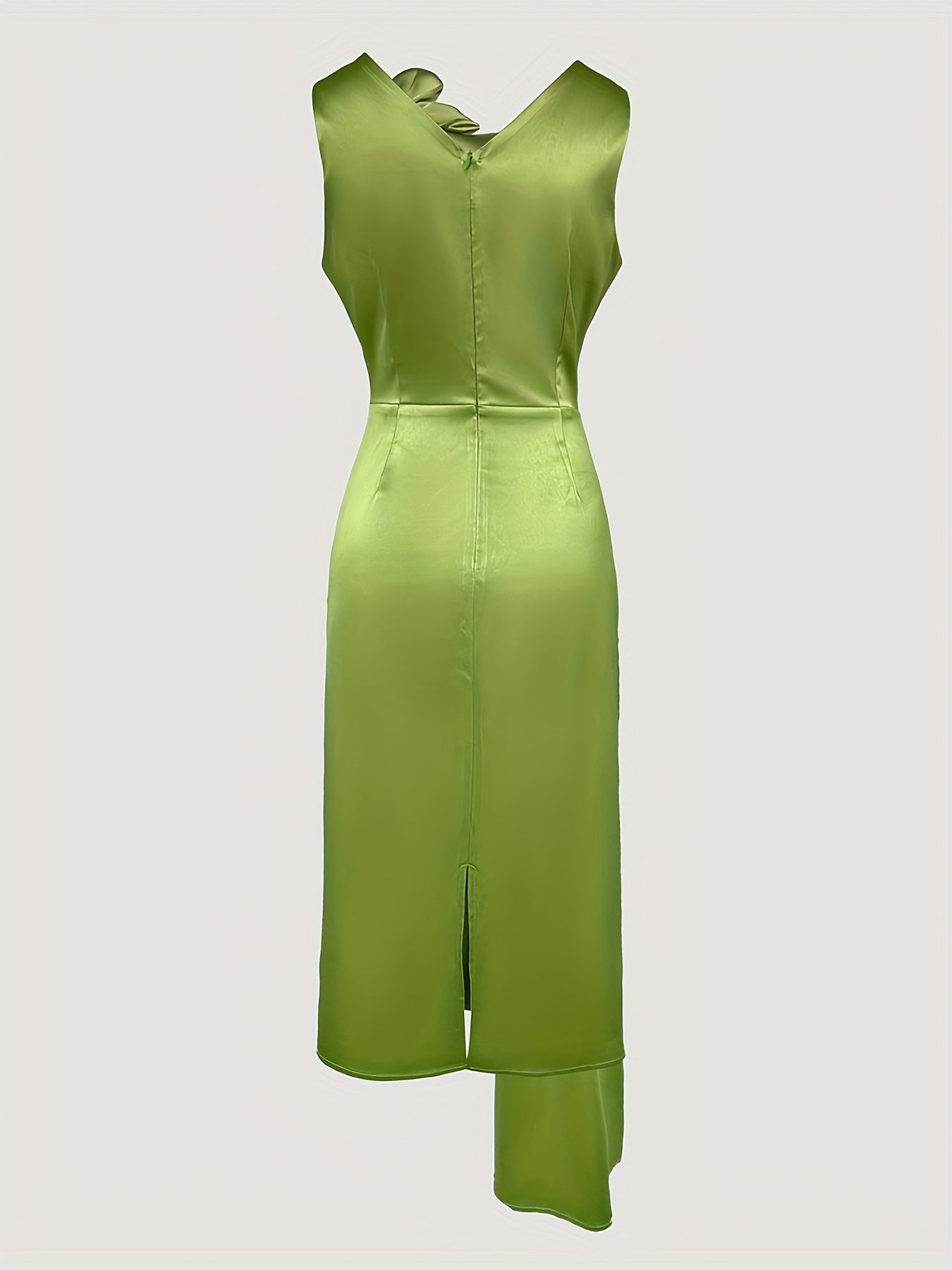 Women's Emerald Green 3D Floral Appliqué Square Neck Sleeveless Bodycon Dress with Ruched Waist & Side Ties - Mid-Length Party Dress for All Seasons, Dresses for Party, Evening Wear, Smooth Satin Finish