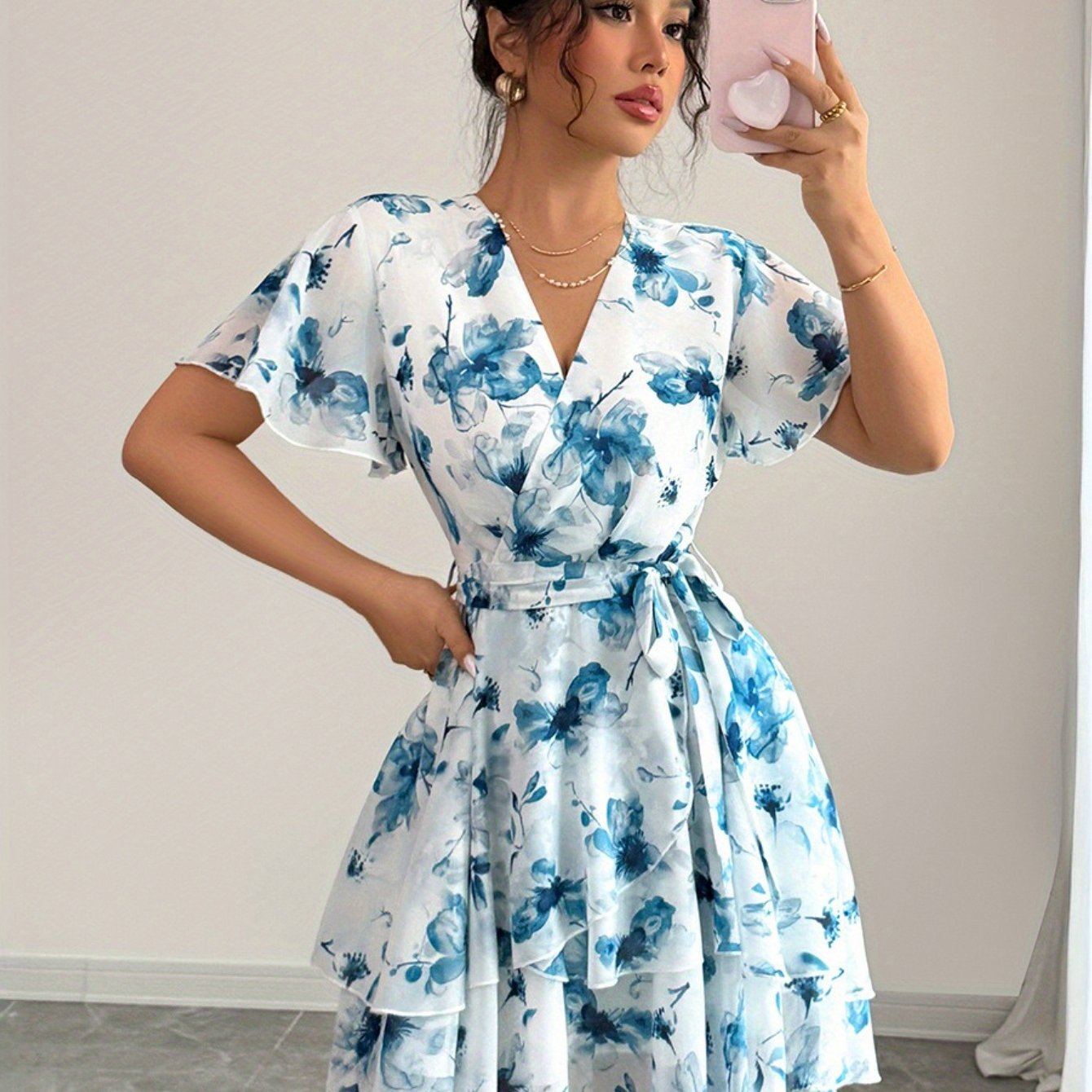 1pc Elegant French-Inspired Floral Print V-Neck Midi Dress - Sleeveless, Asymmetrical Hem, Loose Fit for Women, Perfect for Daily Wear, Work, and Travel, Floral Dress