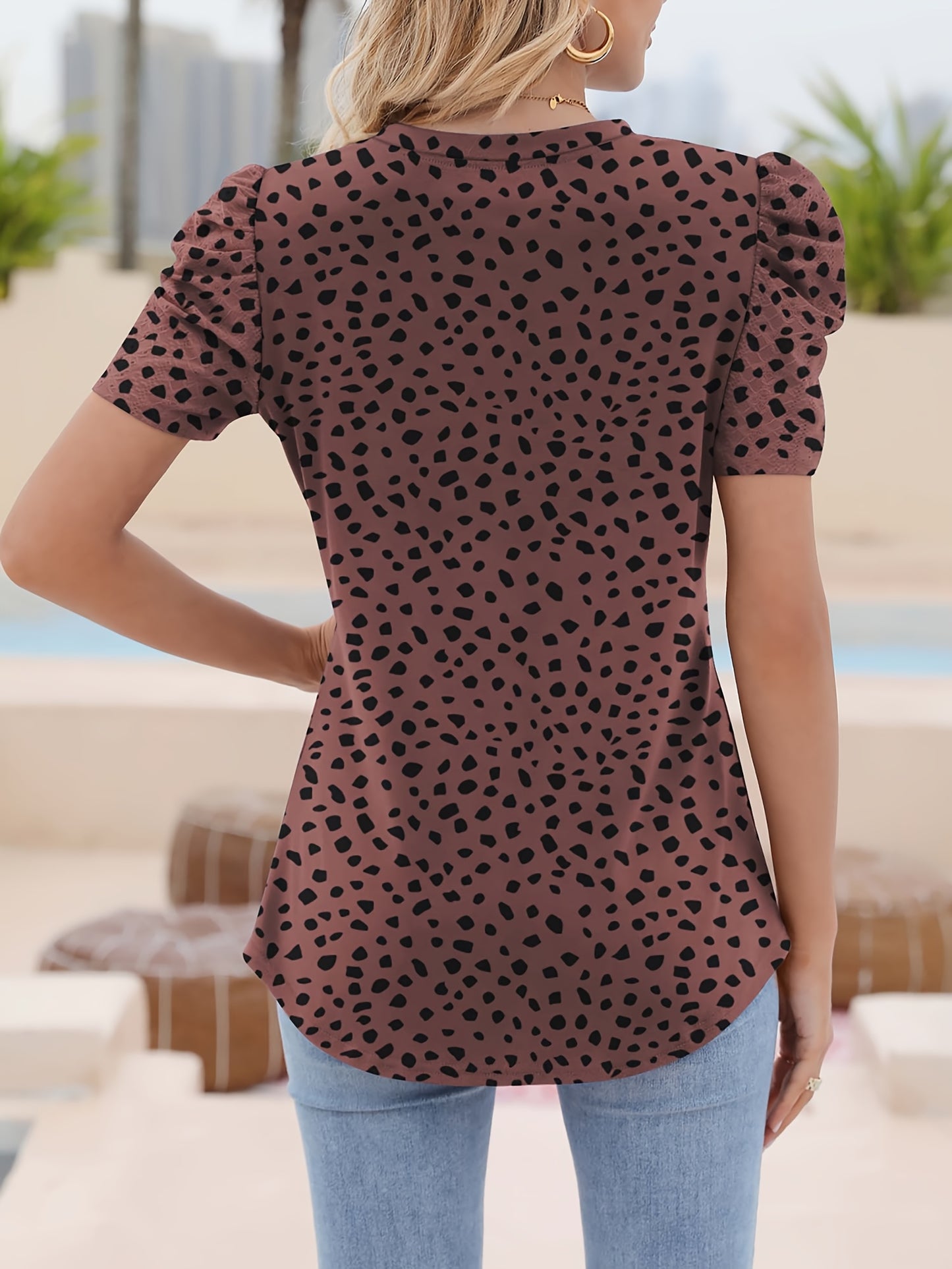 Women's Floral Print Puff Sleeve Short Sleeve Shirt - Loose Fit Crewneck Blouse with Ruffled Trim, Machine Washable, Spring Summer Fall Casual Top (S-XXL)