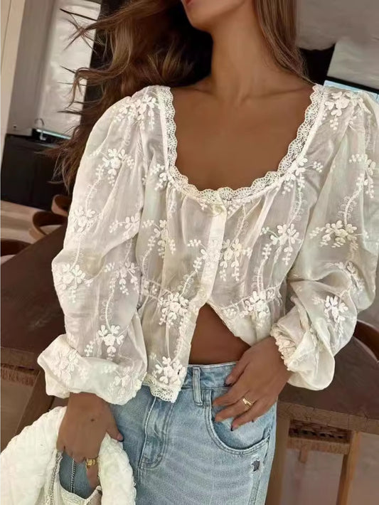 New Sexy Women'S Loose Embroidered Long-Sleeved Shirt