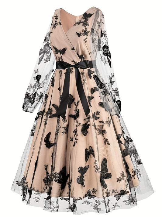 Plus Size Women's Elegant Butterfly Embroidery Net Yarn Dress - Long Sleeve Cross Tie Waist Slim Fit Midi Dress with Zipper Back, Machine Washable A-Line Silhouette for All-Season Outings DMBT1770, Elegant Long Sleeve Dress, Medium Elasticity Fabric