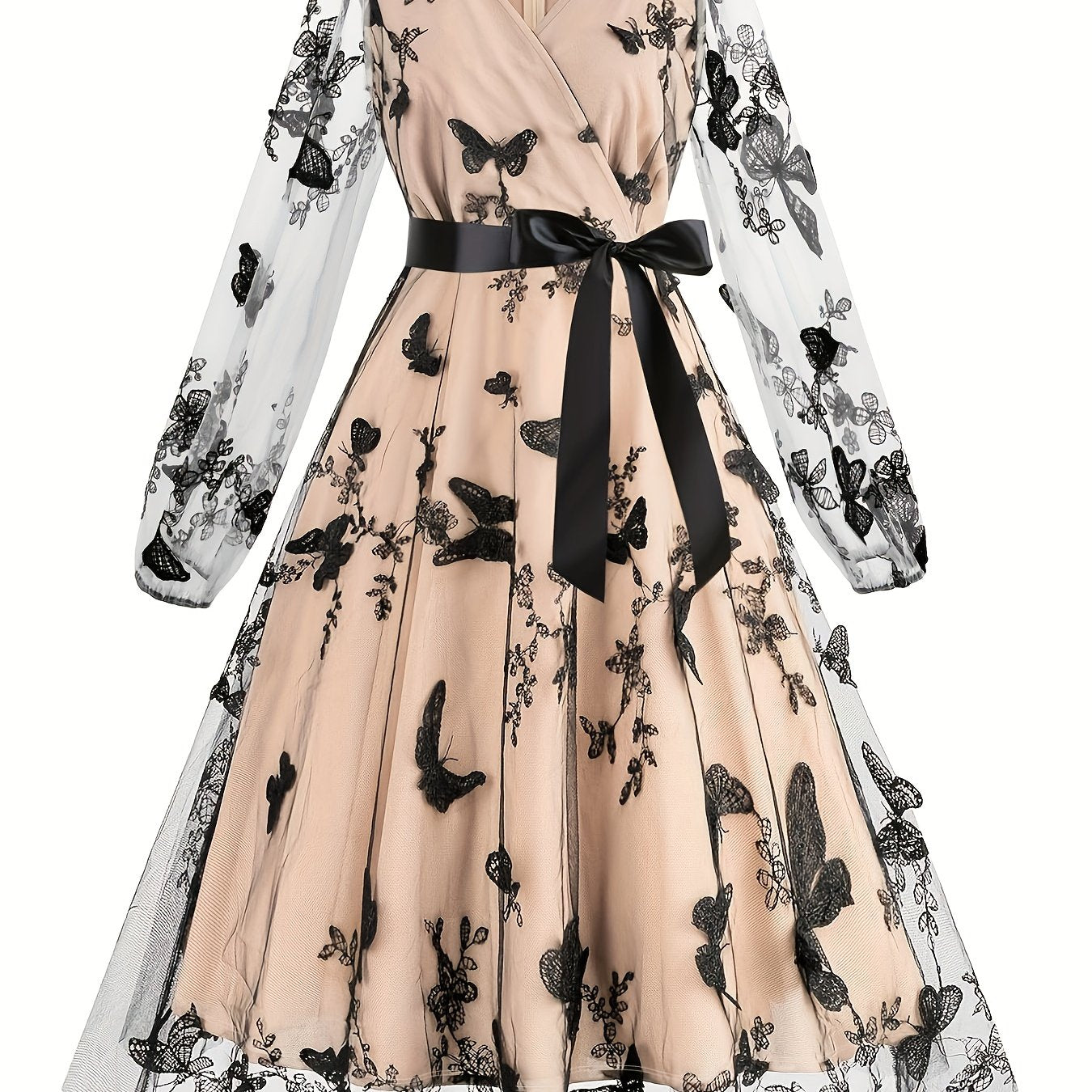 Plus Size Women's Elegant Butterfly Embroidery Net Yarn Dress - Long Sleeve Cross Tie Waist Slim Fit Midi Dress with Zipper Back, Machine Washable A-Line Silhouette for All-Season Outings DMBT1770, Elegant Long Sleeve Dress, Medium Elasticity Fabric