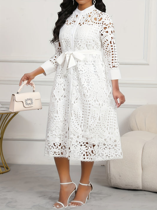 Plus Size, Large-size Fashionable Women's Dress with Whte Open-work Lace Patchwork, V-neckine, Three-quarter Sleeves, Drawstring Waist, Simming Elfect And Elegant Style DMBT010