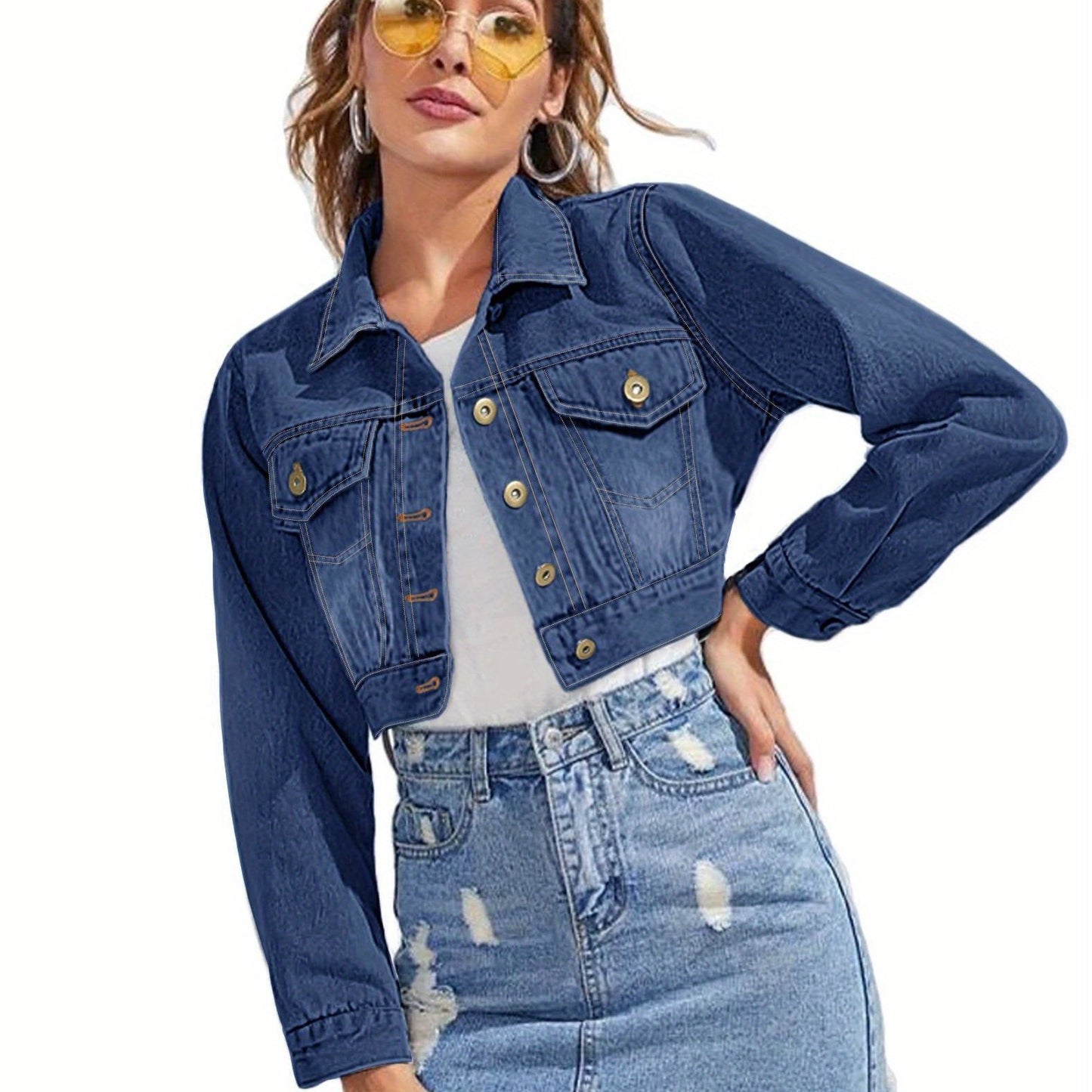 Women'S Fashion Cropped Jean Jacket - Long Sleeve Button- with Pockets