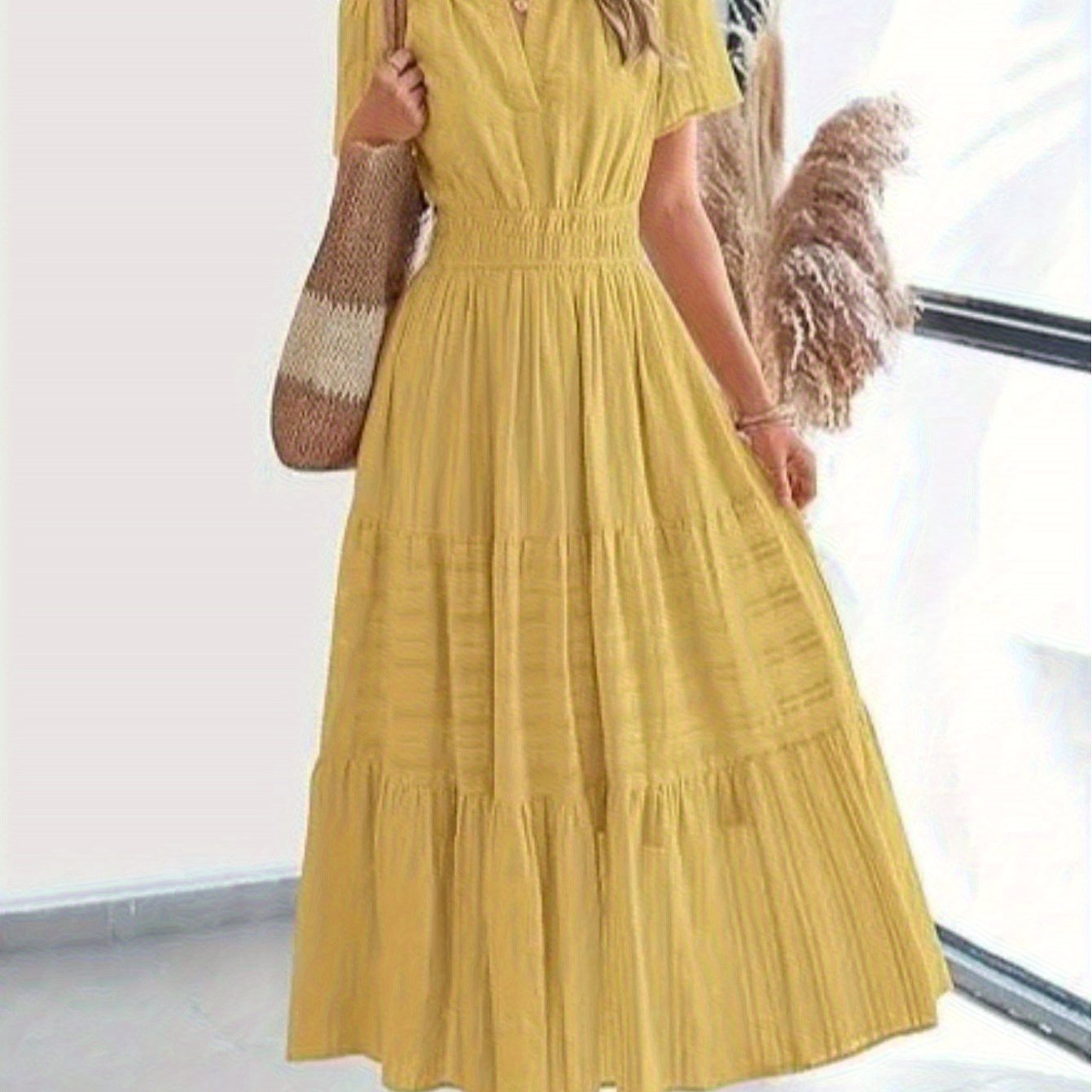 Elegant Women'S Pleated Puff Sleeve Layered Large Swing Dress, V-neck Machine Washable Casual to Formal Wear, Solid Color, Suitable for Spring and Summer, Easy Casual Women'S Wear