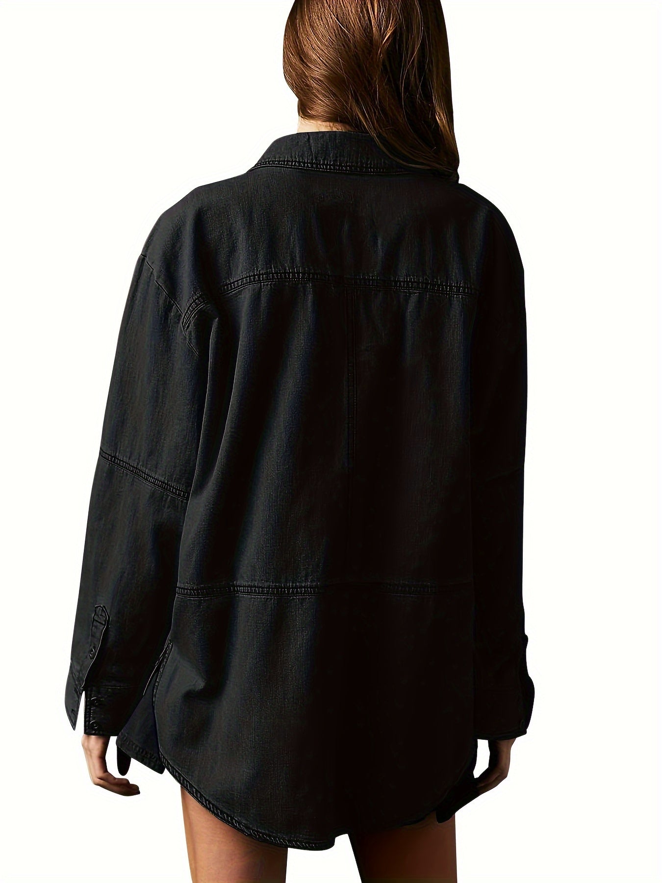 Women's Denim Pullover Casual Button V Neck Blouse Loose Fit Long Sleeve Jean Jacket With Pocket