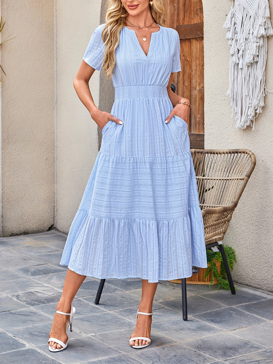 Womens Summer 2025 Casual Maxi Dresses Lightweight Short Sleeve V Neck Elastic Waist Boho Beach Dress Pockets