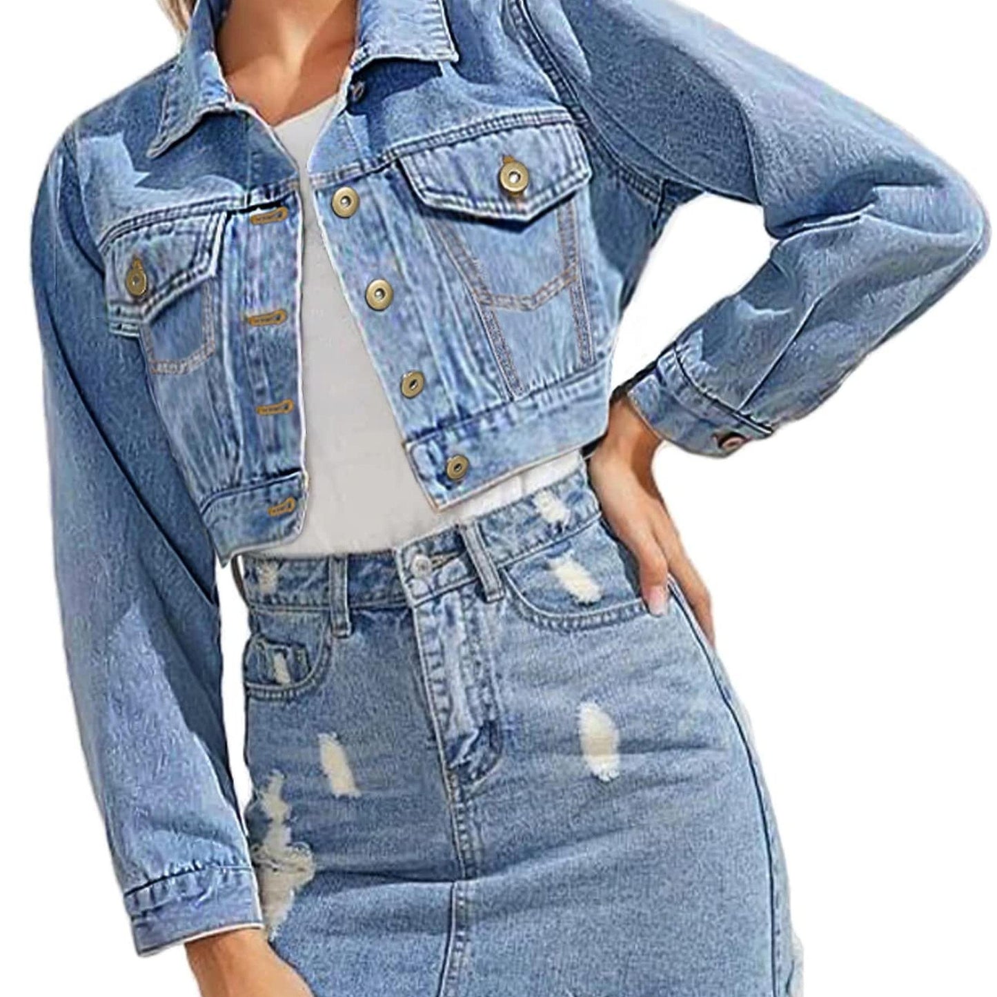 Women'S Fashion Cropped Jean Jacket - Long Sleeve Button- with Pockets