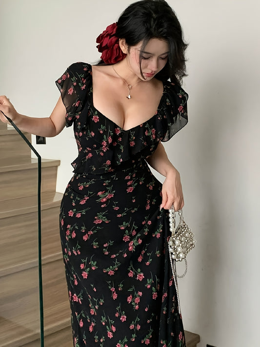 Women'S French-Inspired Elegant Square Neck Black Floral Print Ruffled Sleeve Knee-Length Dress - Fitted Summer Dress for Casual & Formal Occasions, Cute Dress, Evening Wear, Decorative Floral Design