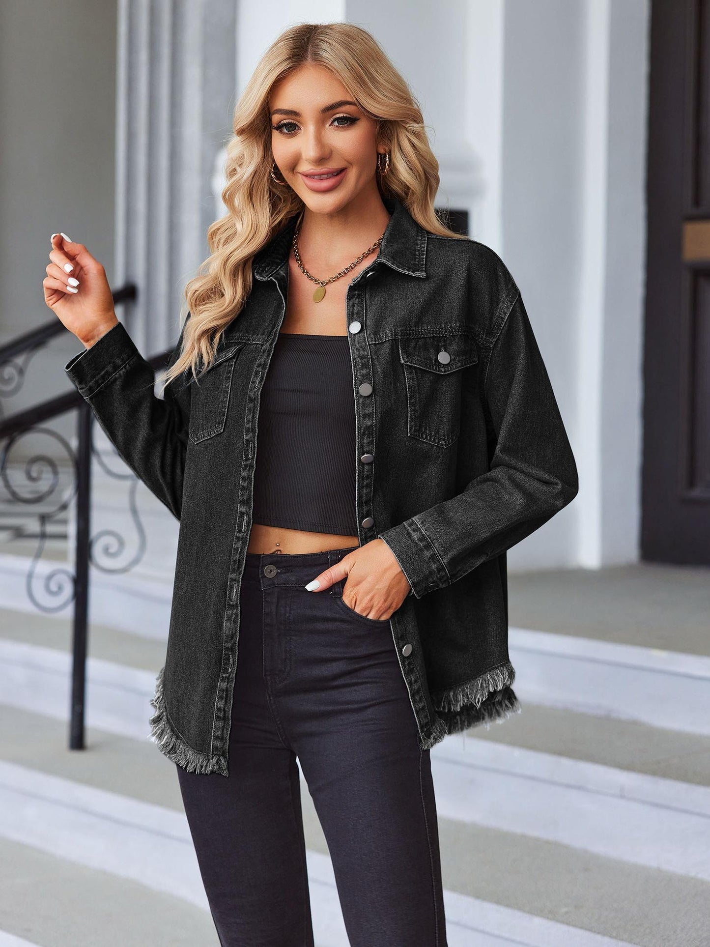 ELESOL 2025 Jean Jackets for Women Ripped Stretchy Blue Denim Jean Jacket Casual Long Sleeve Pockets Oversized Jackets Coat