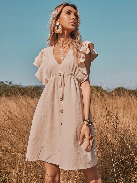 Women's Ruffle Babydoll Dress Long\u002FShort Sleeve V Neck High Waist Botton Casual Loose Flowy Swing Pleated Tunic Dress