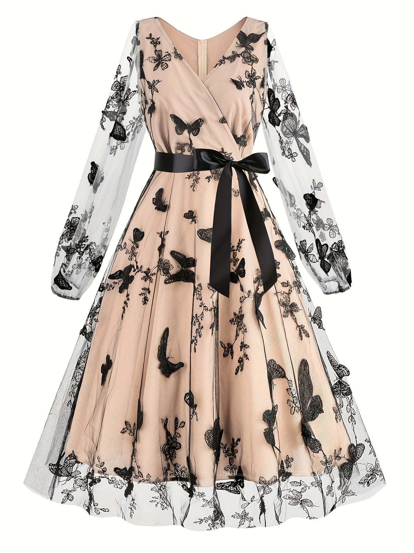 Plus Size Women's Elegant Butterfly Embroidery Net Yarn Dress - Long Sleeve Cross Tie Waist Slim Fit Midi Dress with Zipper Back, Machine Washable A-Line Silhouette for All-Season Outings DMBT1770, Elegant Long Sleeve Dress, Medium Elasticity Fabric