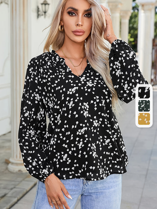 Women's Commuter Top, V-Neck, Long Sleeve Polka Dot Print, Pleated Blouse