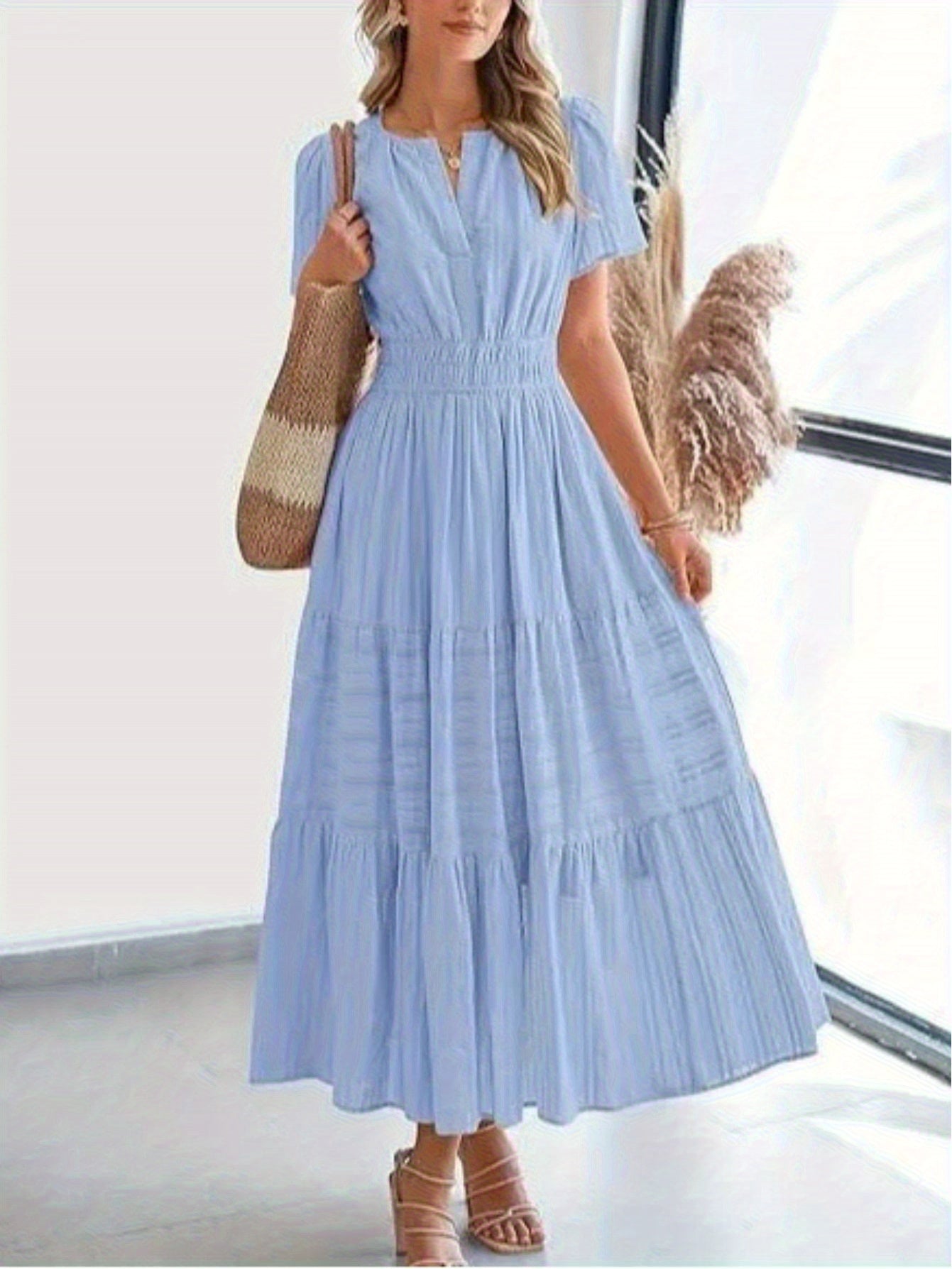 Elegant Women'S Pleated Puff Sleeve Layered Large Swing Dress, V-neck Machine Washable Casual to Formal Wear, Solid Color, Suitable for Spring and Summer, Easy Casual Women'S Wear