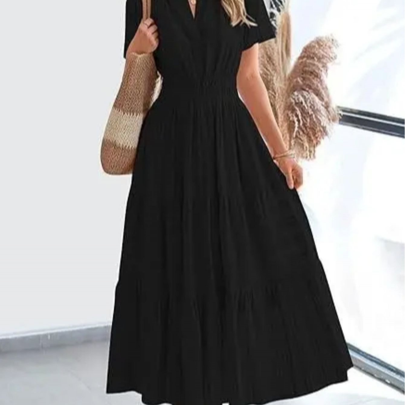 Elegant Women'S Pleated Puff Sleeve Layered Large Swing Dress, V-neck Machine Washable Casual to Formal Wear, Solid Color, Suitable for Spring and Summer, Easy Casual Women'S Wear