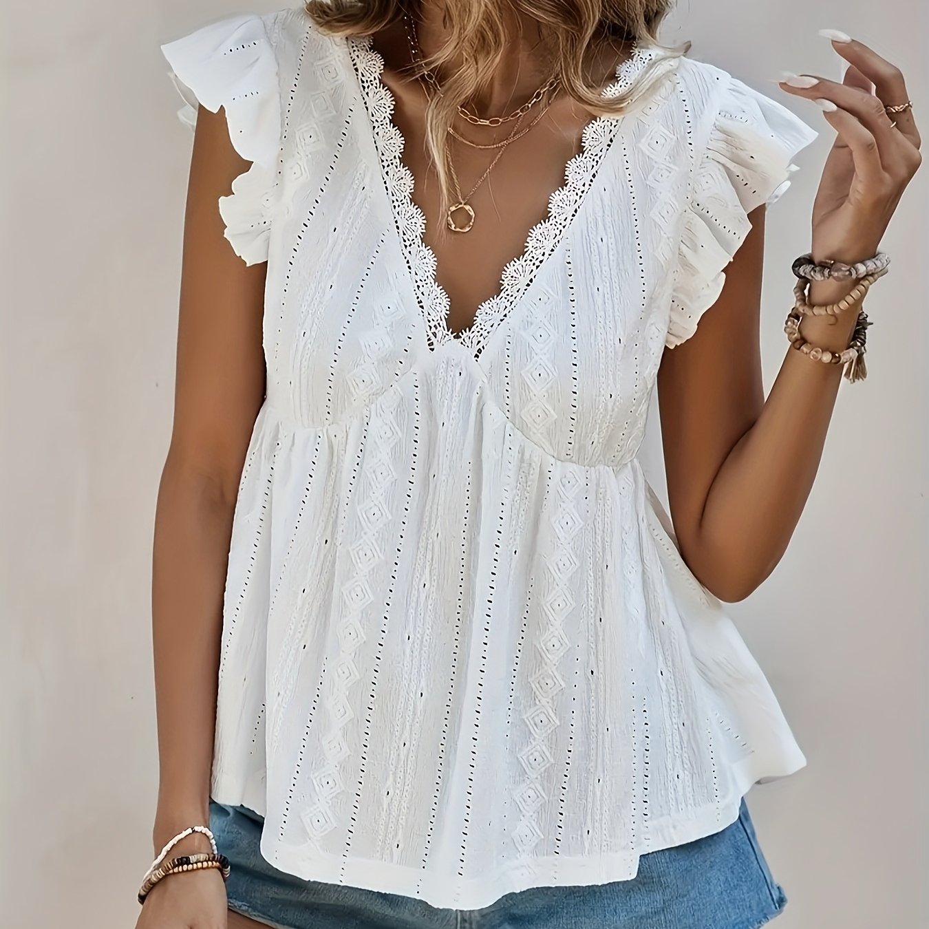 Women's V-Neck Ruffle Sleeve Blouse with Lace Trim & Eyelet Embroidery - Breathable Non-Transparent Fabric, Cinched Waist Casual Top for Summer & All Seasons, Allseason Fashion, Delicate Detailing