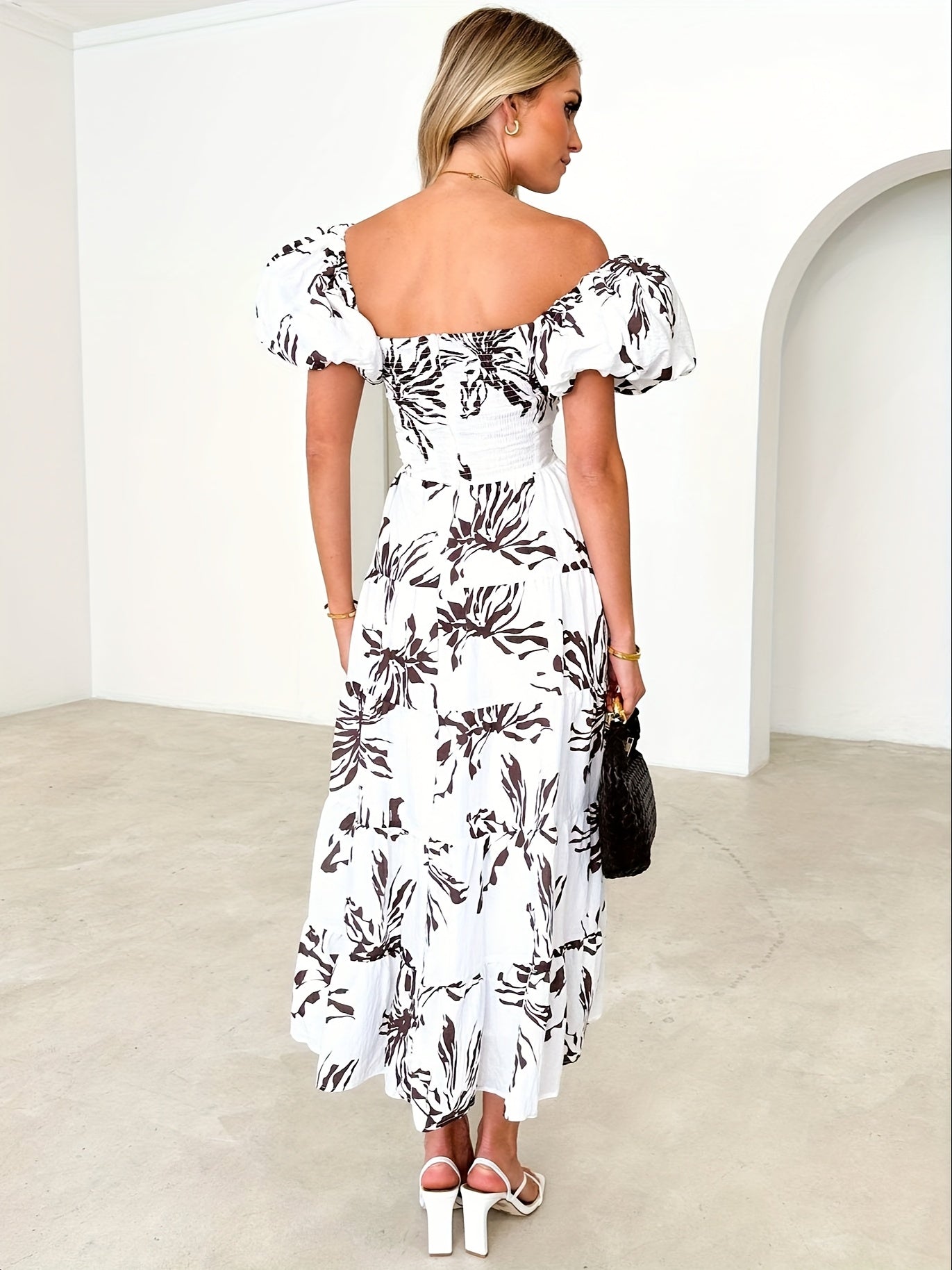 Women's Spring\u002FSummer New Style Elegant Yellow And White Printed Bubble Sleeve Grand Swing Premium Dress