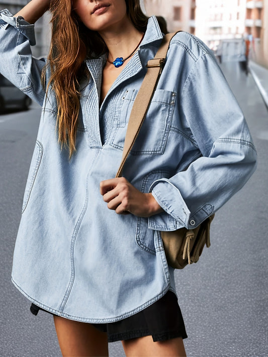 Women's Denim Pullover Casual Button V Neck Blouse Loose Fit Long Sleeve Jean Jacket With Pocket