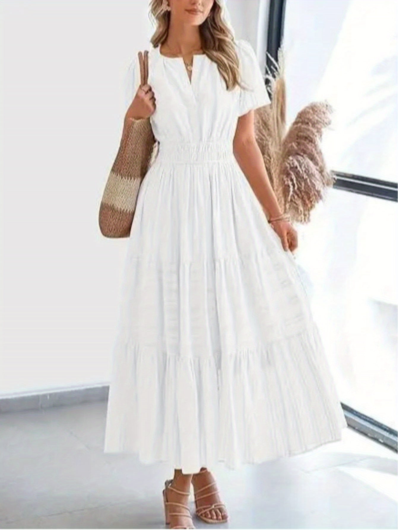 Elegant Women'S Pleated Puff Sleeve Layered Large Swing Dress, V-neck Machine Washable Casual to Formal Wear, Solid Color, Suitable for Spring and Summer, Easy Casual Women'S Wear