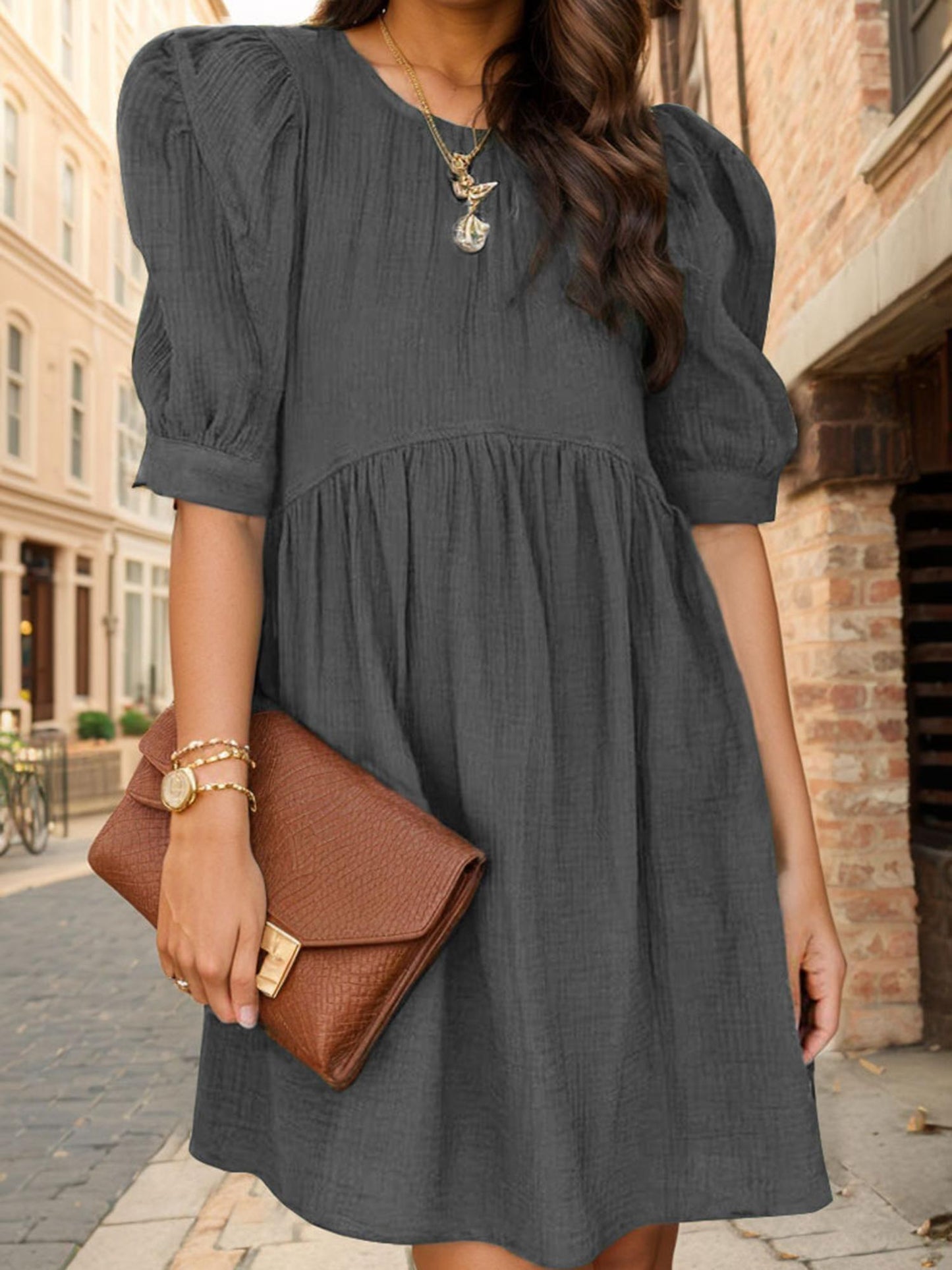 Chic Women's A-Line Dress with Pockets - Casual Crew Neck, Short Lantern Sleeves & Ruffle Detail, Ideal for Daily Wear, Spring\u002FSummer\u002FFall, Machine Washable