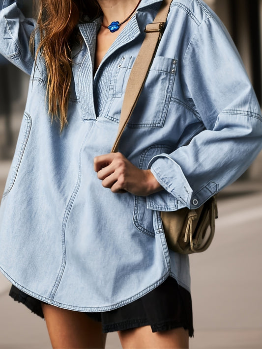 1pc Women'S Casual Cotton Faux Denim Shirt - Solid Color Long Sleeve V-Neck Pullover with Pockets, Loose Fit Jean Jacket Style Blouse for Fall\u002FWinter