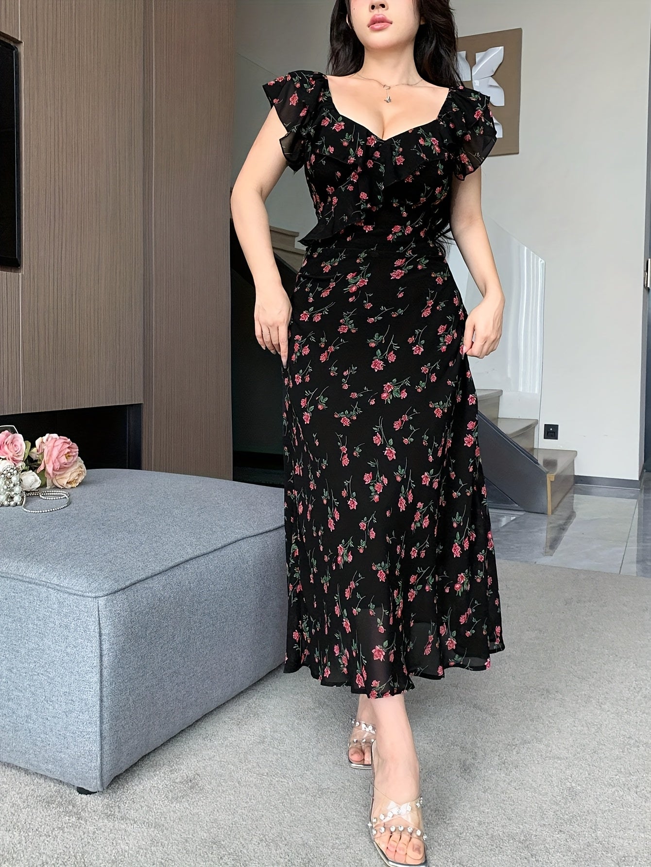 Women'S French-Inspired Elegant Square Neck Black Floral Print Ruffled Sleeve Knee-Length Dress - Fitted Summer Dress for Casual & Formal Occasions, Cute Dress, Evening Wear, Decorative Floral Design
