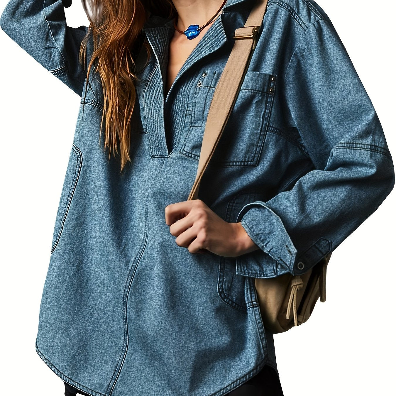 1pc Women'S Casual Cotton Faux Denim Shirt - Solid Color Long Sleeve V-Neck Pullover with Pockets, Loose Fit Jean Jacket Style Blouse for Fall\u002FWinter