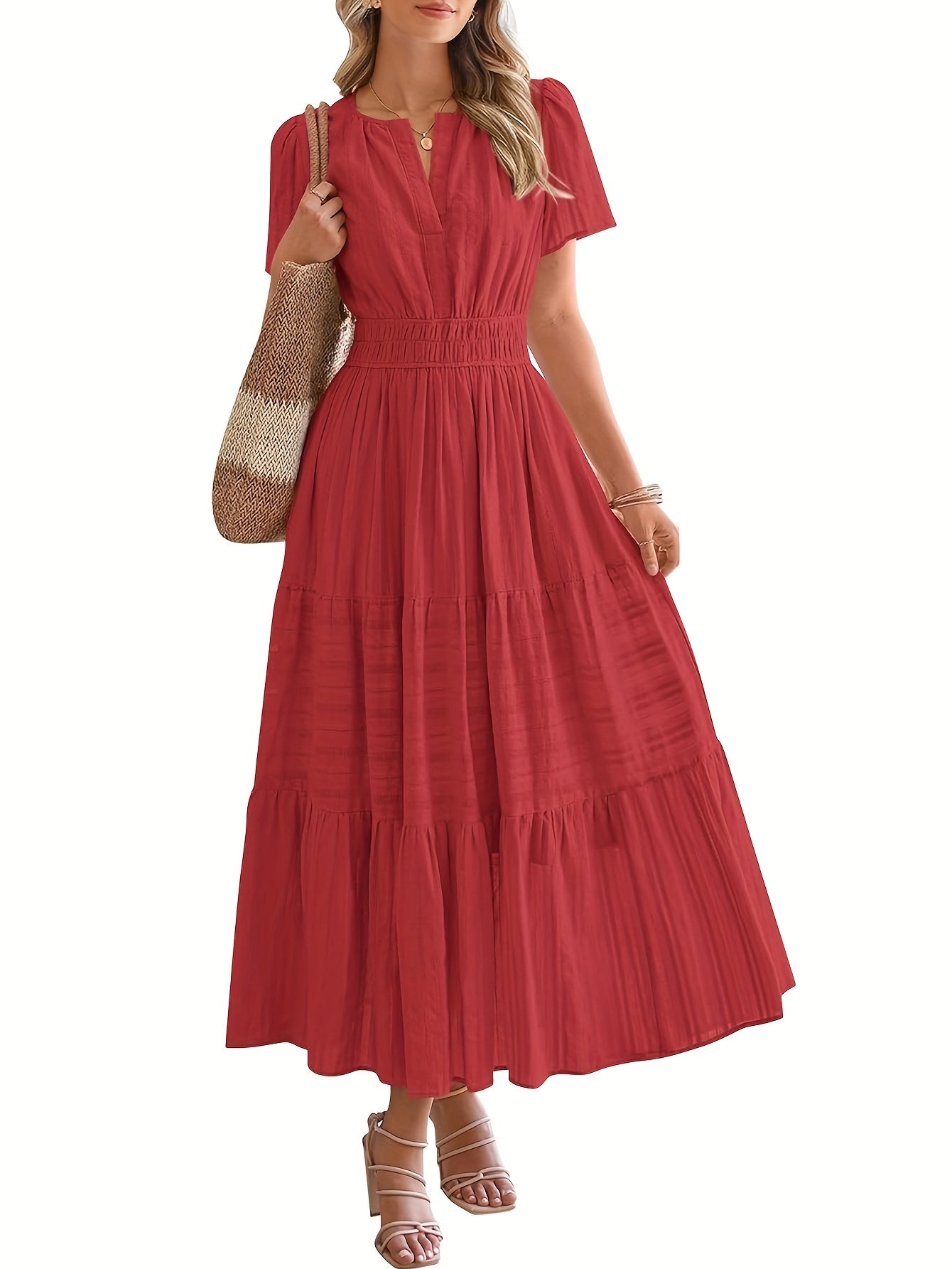 Womens Summer 2025 Casual Maxi Dresses Lightweight Short Sleeve V Neck Elastic Waist Boho Beach Dress Pockets