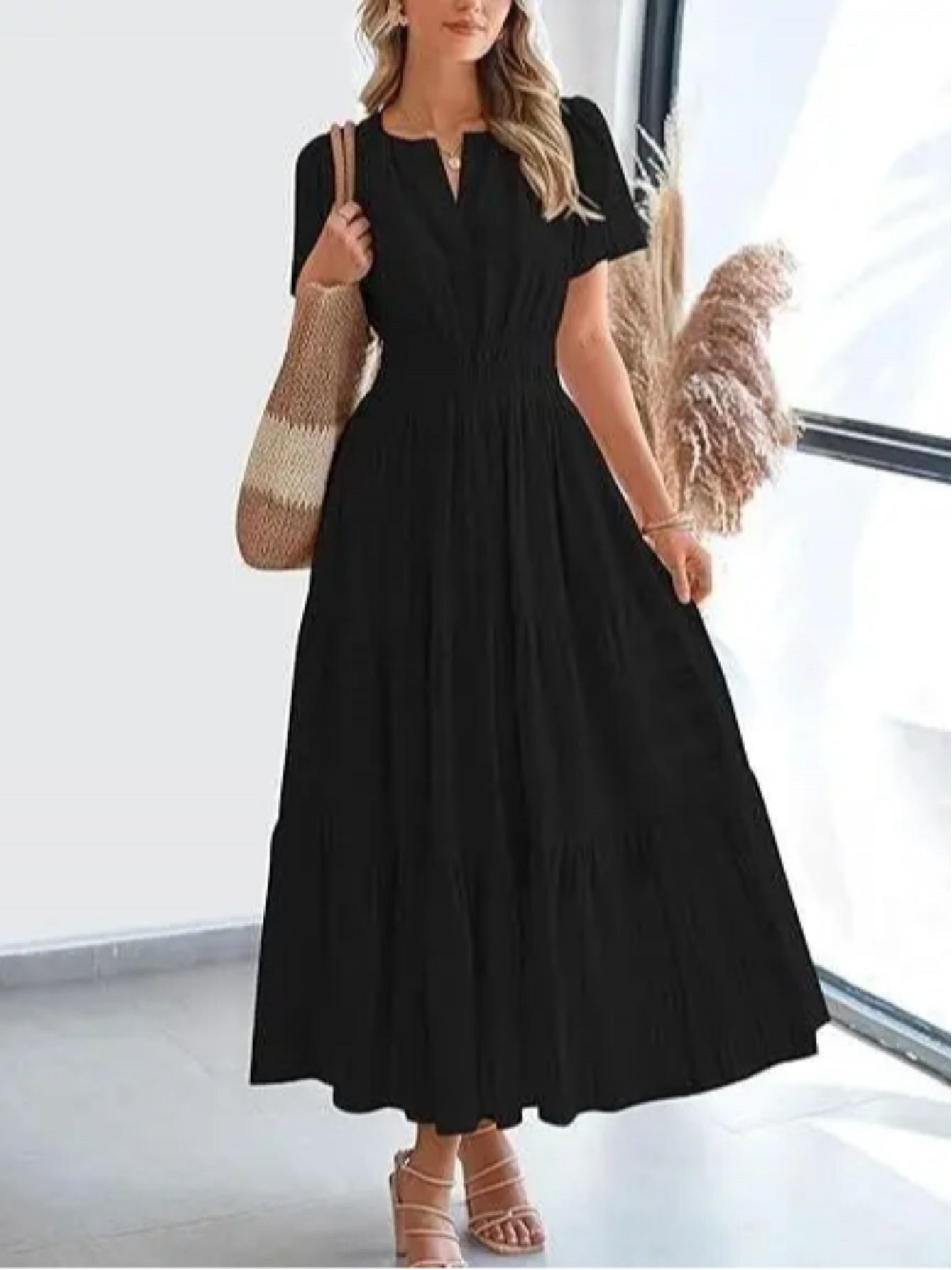 Elegant Women'S Pleated Puff Sleeve Layered Large Swing Dress, V-neck Machine Washable Casual to Formal Wear, Solid Color, Suitable for Spring and Summer, Easy Casual Women'S Wear