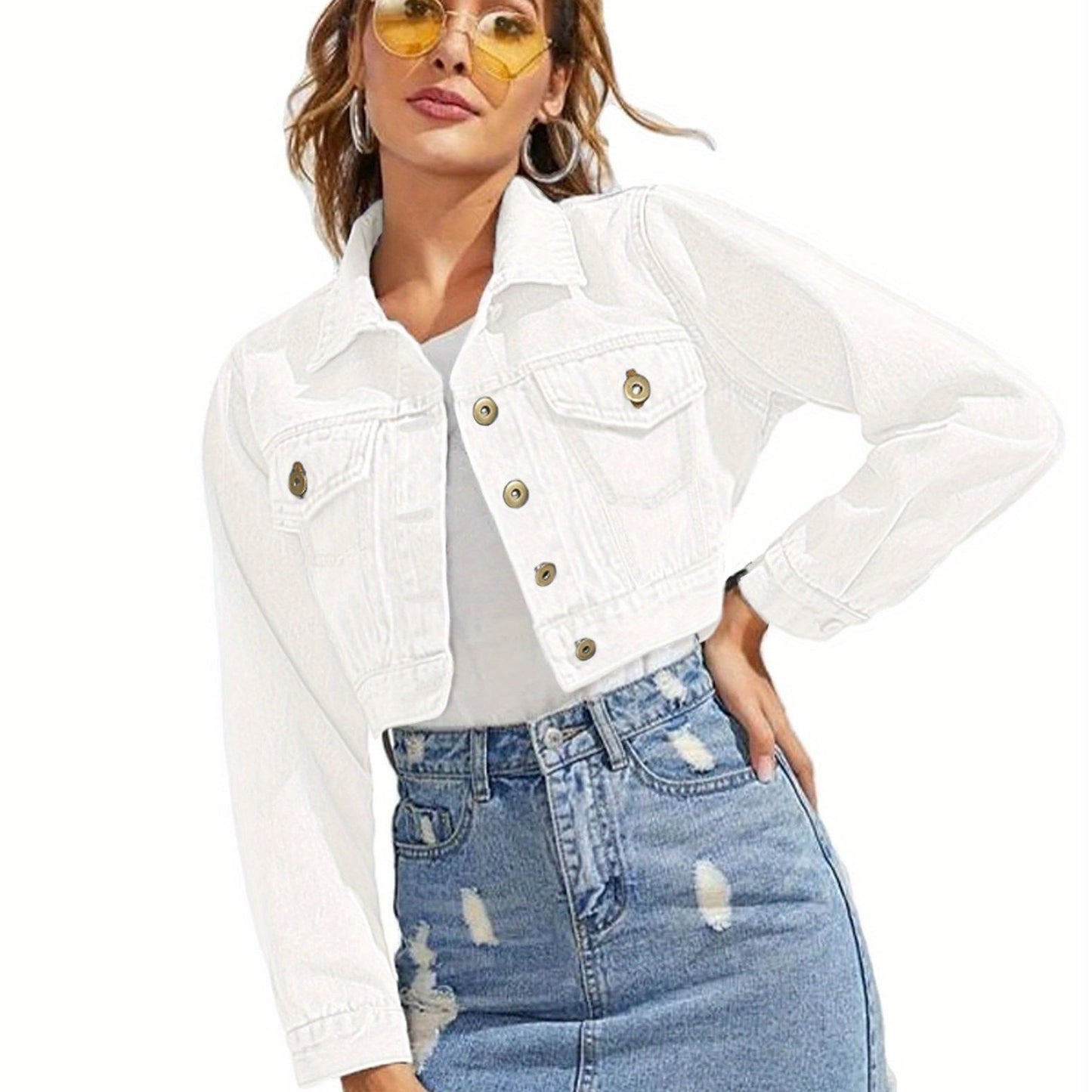 Women'S Fashion Cropped Jean Jacket - Long Sleeve Button- with Pockets