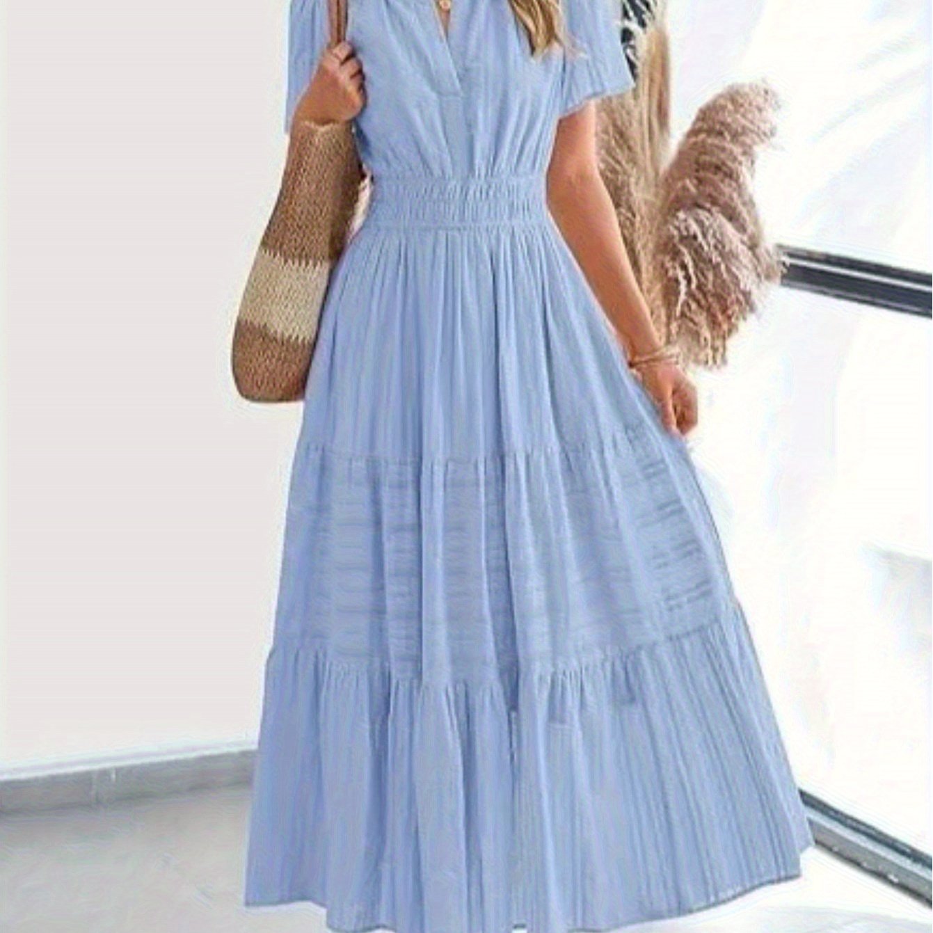 Elegant Women'S Pleated Puff Sleeve Layered Large Swing Dress, V-neck Machine Washable Casual to Formal Wear, Solid Color, Suitable for Spring and Summer, Easy Casual Women'S Wear