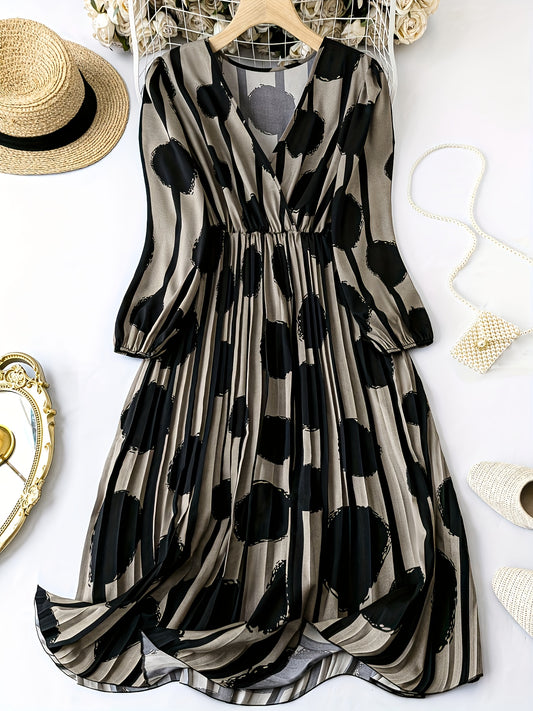 Fashionable Romantic Women'S Dress Black Wave Point Cross-collar Pleated Skirt With Elegant Dress DMBT104
