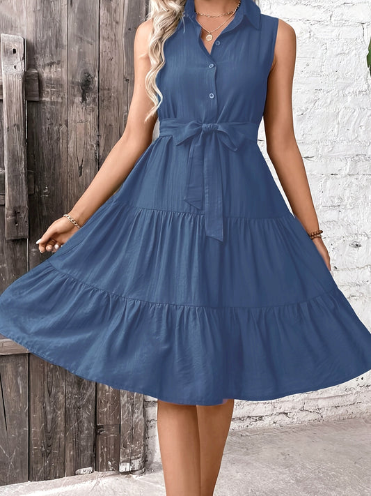 Women'S Elegant Sleeveless Dress with Ruffle Hem and Tie Waist, Polyester 97% Elastane 3%, Solid Color, Lapel Collar, Woven Fabric, 130g\u002Fm², Perfect for Spring\u002FSummer