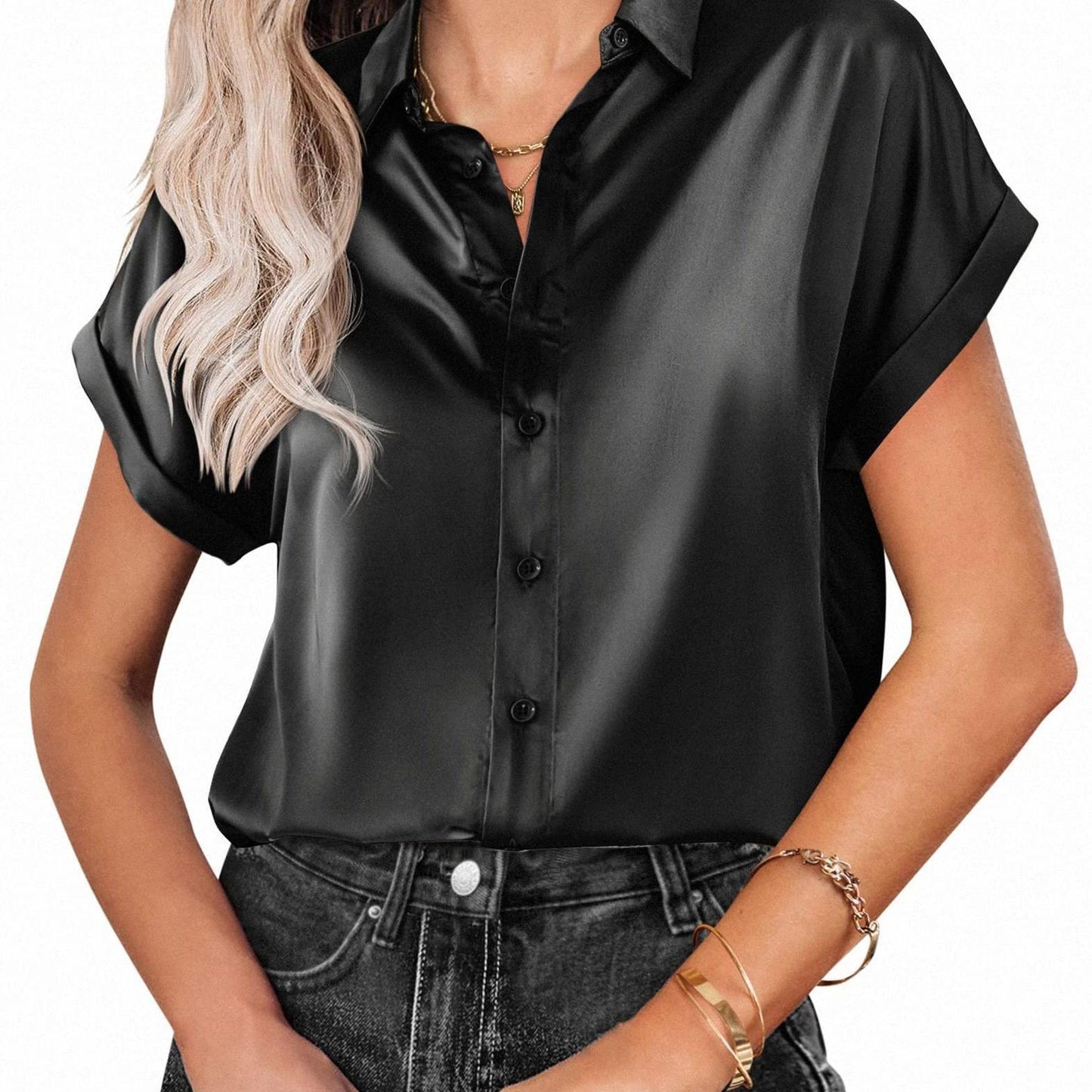 Womens Short Sleeve Satin Button Shirts Casual Loose V-Neck Business Work Tunic Top Spring Summer Fall Womens Clothing