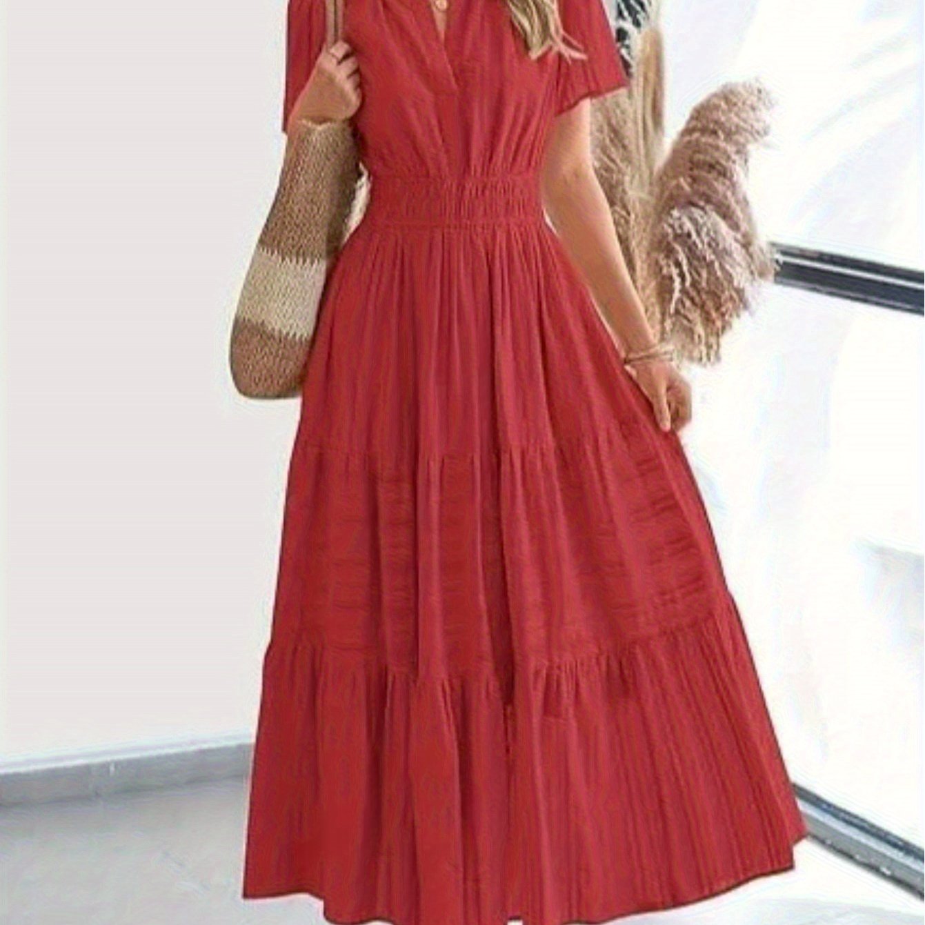 Elegant Women'S Pleated Puff Sleeve Layered Large Swing Dress, V-neck Machine Washable Casual to Formal Wear, Solid Color, Suitable for Spring and Summer, Easy Casual Women'S Wear