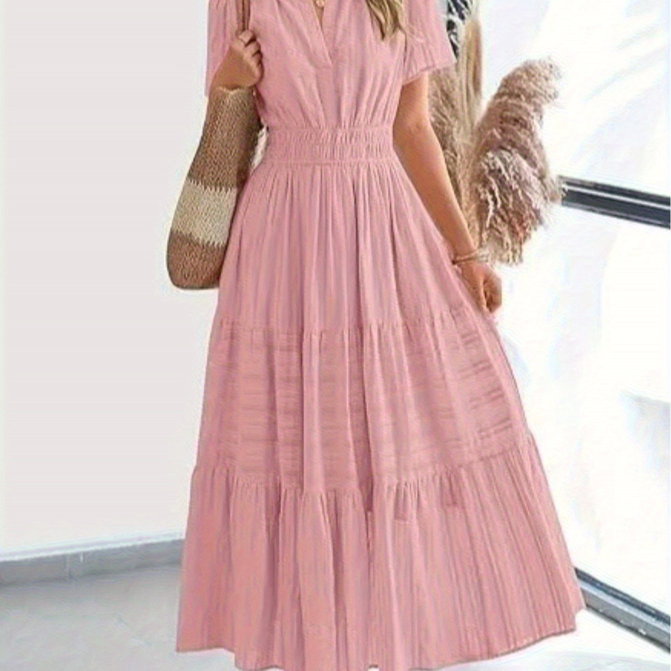 Elegant Women'S Pleated Puff Sleeve Layered Large Swing Dress, V-neck Machine Washable Casual to Formal Wear, Solid Color, Suitable for Spring and Summer, Easy Casual Women'S Wear