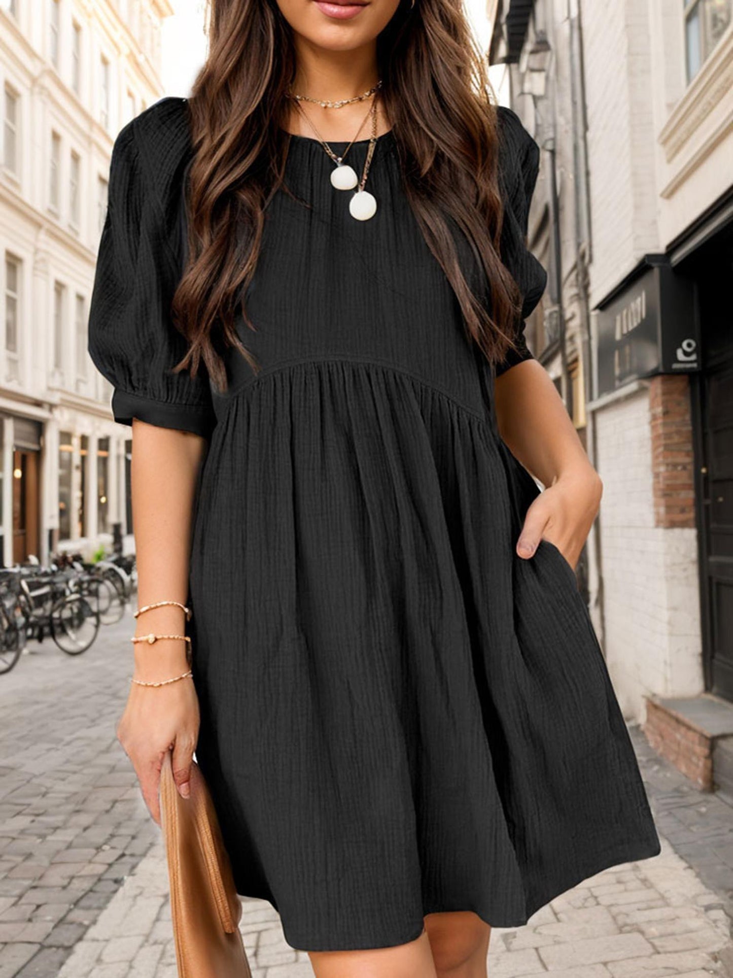 Chic Women's A-Line Dress with Pockets - Casual Crew Neck, Short Lantern Sleeves & Ruffle Detail, Ideal for Daily Wear, Spring\u002FSummer\u002FFall, Machine Washable