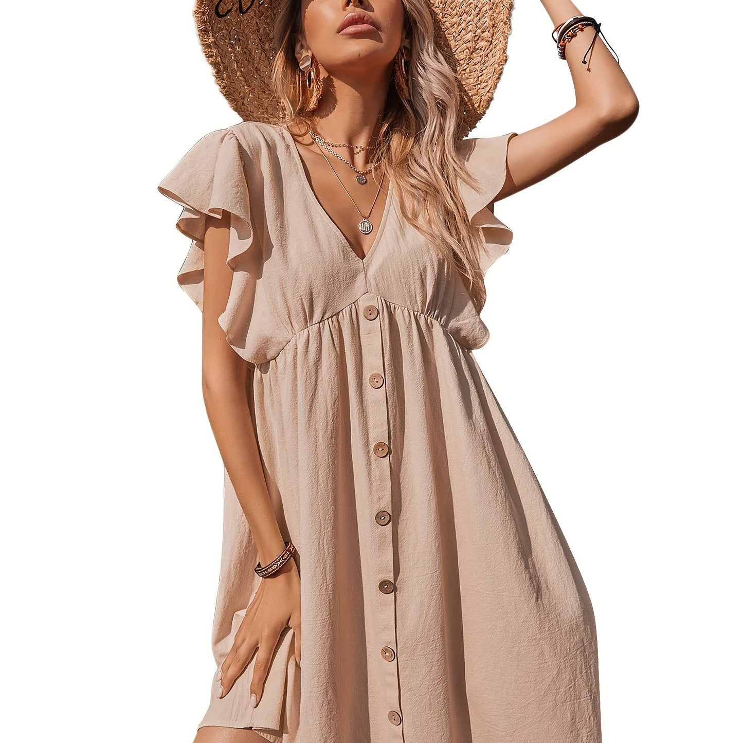 Women's Ruffle Babydoll Dress Long\u002FShort Sleeve V Neck High Waist Botton Casual Loose Flowy Swing Pleated Tunic Dress