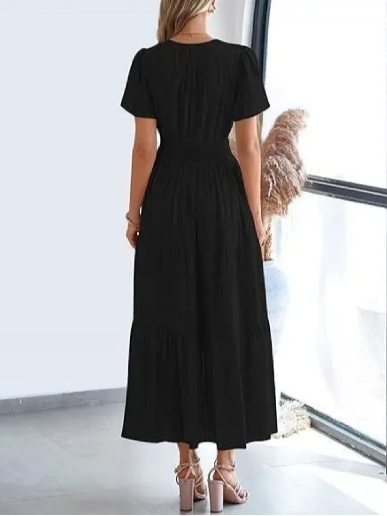 Elegant Women'S Pleated Puff Sleeve Layered Large Swing Dress, V-neck Machine Washable Casual to Formal Wear, Solid Color, Suitable for Spring and Summer, Easy Casual Women'S Wear
