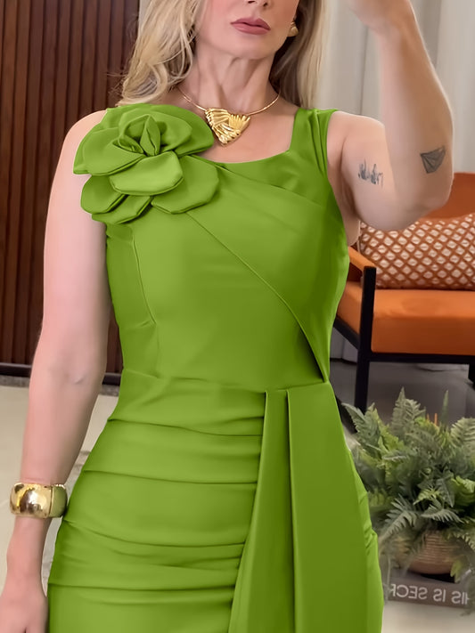 Women's Emerald Green 3D Floral Appliqué Square Neck Sleeveless Bodycon Dress with Ruched Waist & Side Ties - Mid-Length Party Dress for All Seasons, Dresses for Party, Evening Wear, Smooth Satin Finish