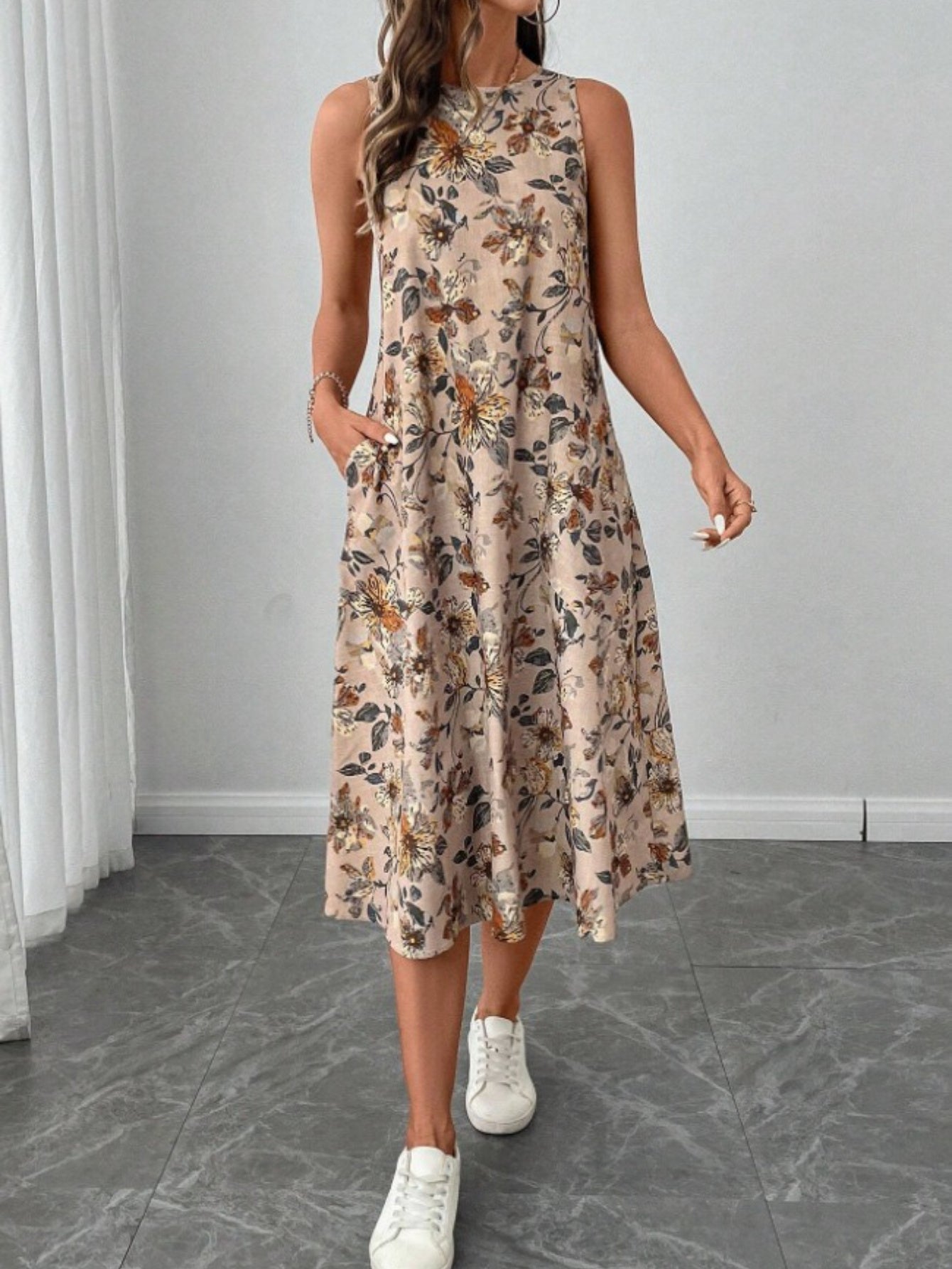 Women'S Floral Print Summer Tank Dress Sleeveless A Line Flowy Holiday Vacation Midi Dresses