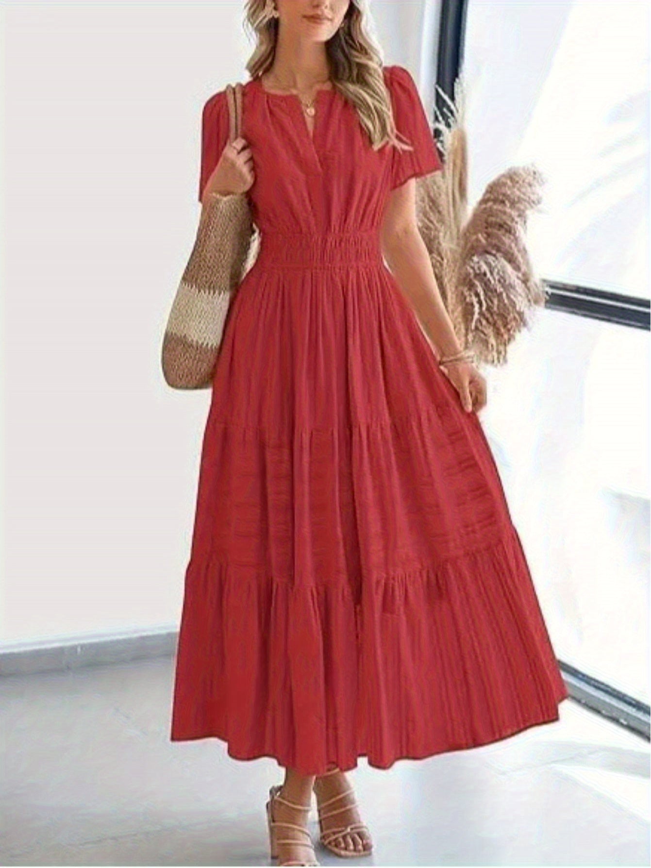 Elegant Women'S Pleated Puff Sleeve Layered Large Swing Dress, V-neck Machine Washable Casual to Formal Wear, Solid Color, Suitable for Spring and Summer, Easy Casual Women'S Wear