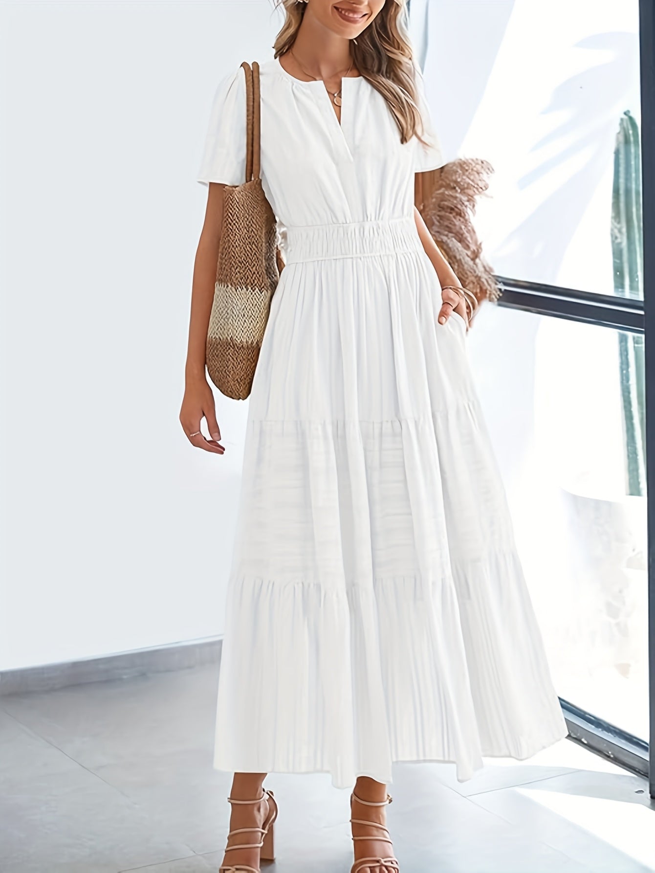 Womens Summer 2025 Casual Maxi Dresses Lightweight Short Sleeve V Neck Elastic Waist Boho Beach Dress Pockets