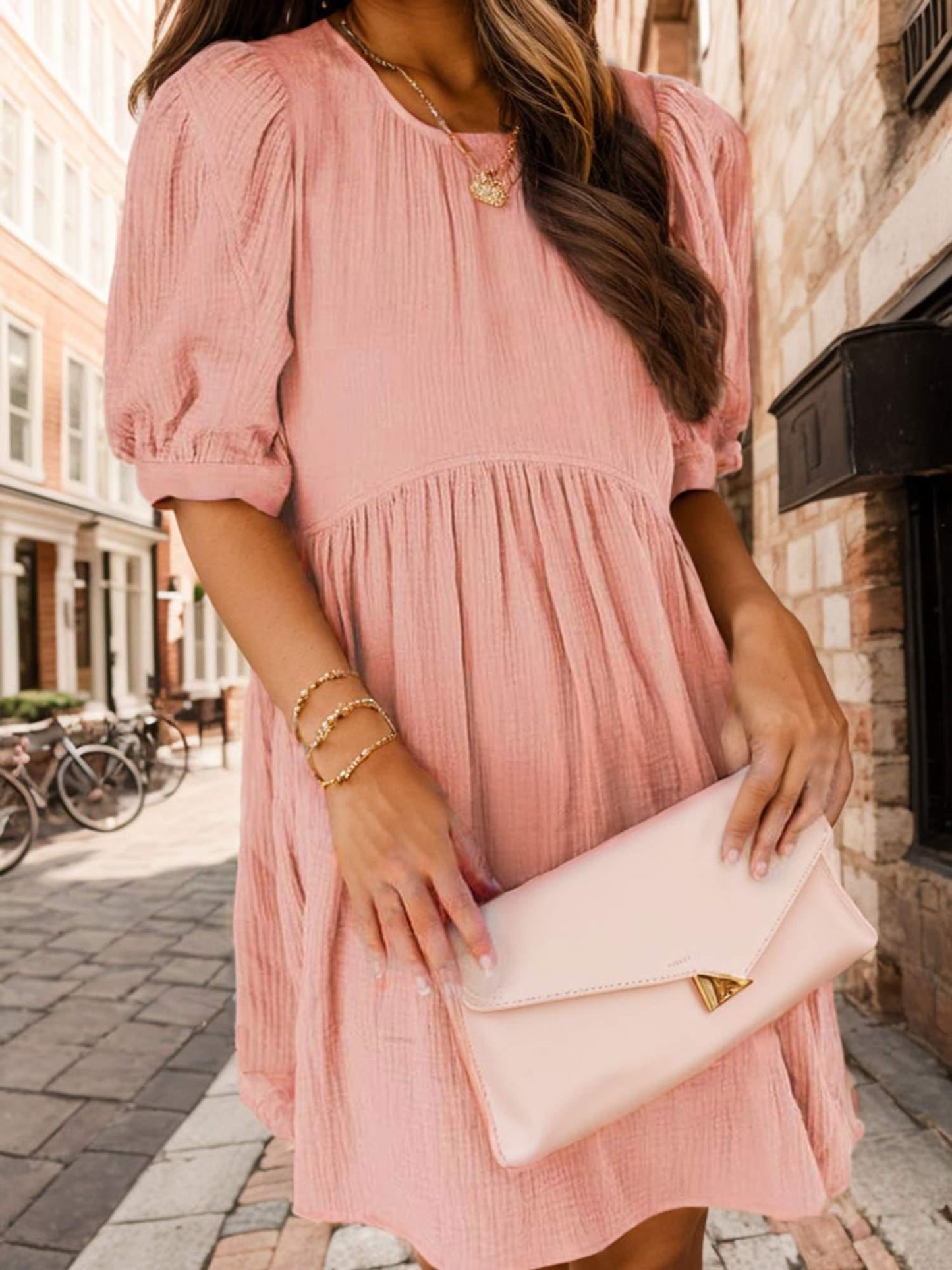 Chic Women's A-Line Dress with Pockets - Casual Crew Neck, Short Lantern Sleeves & Ruffle Detail, Ideal for Daily Wear, Spring\u002FSummer\u002FFall, Machine Washable