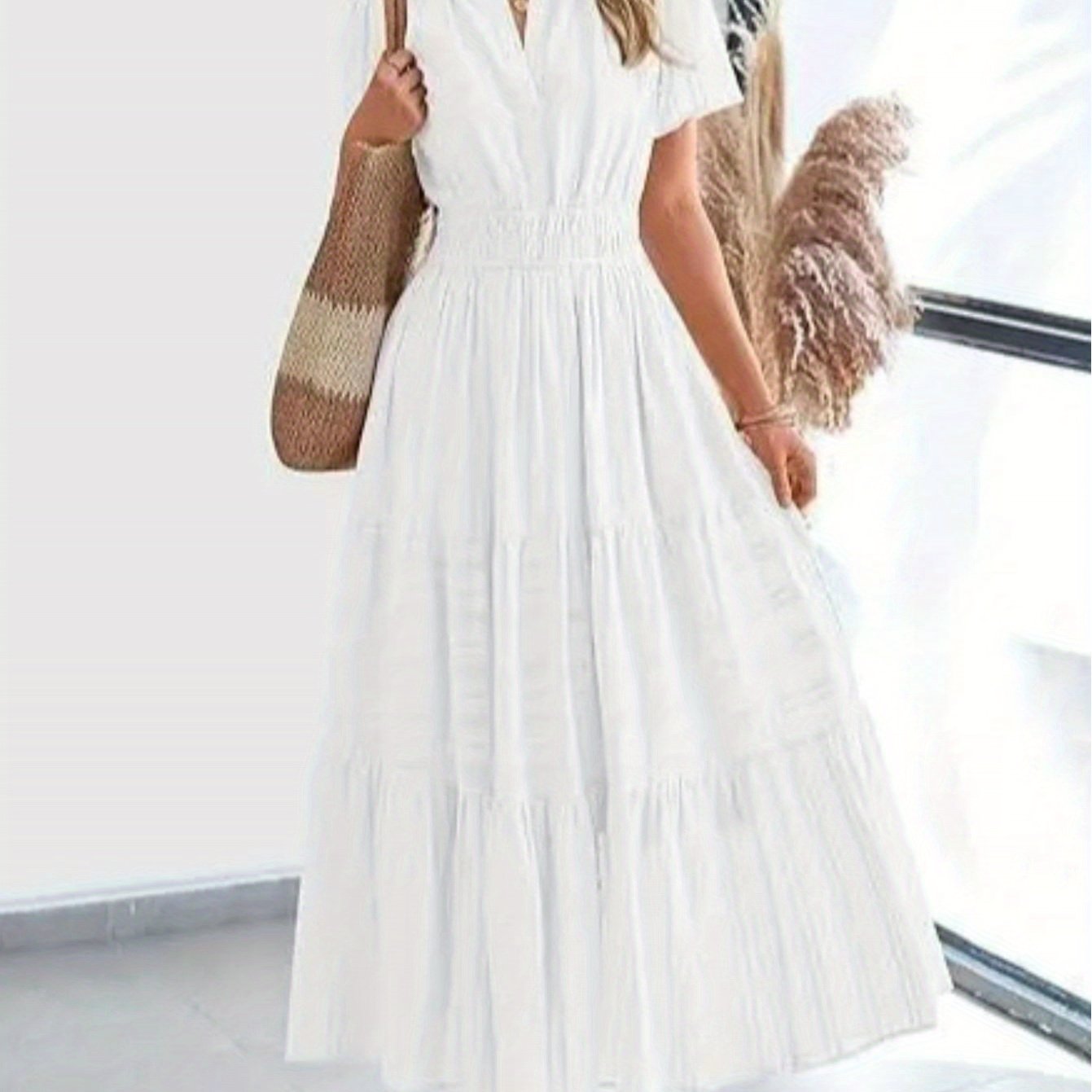 Elegant Women'S Pleated Puff Sleeve Layered Large Swing Dress, V-neck Machine Washable Casual to Formal Wear, Solid Color, Suitable for Spring and Summer, Easy Casual Women'S Wear