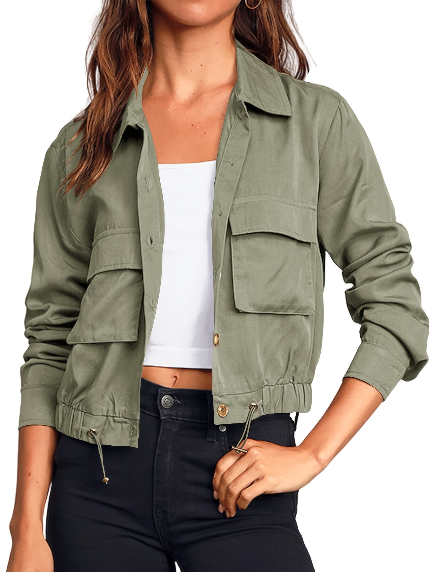Women's Lightweight Military Safari Cropped Jacket - Button Oversized Utility Anorak with Pockets, Long Sleeve, Rayon Blend, Beige, Casual Outdoor Style, Casual Outdoor Jacket | Button Coat | Lightweight Coat