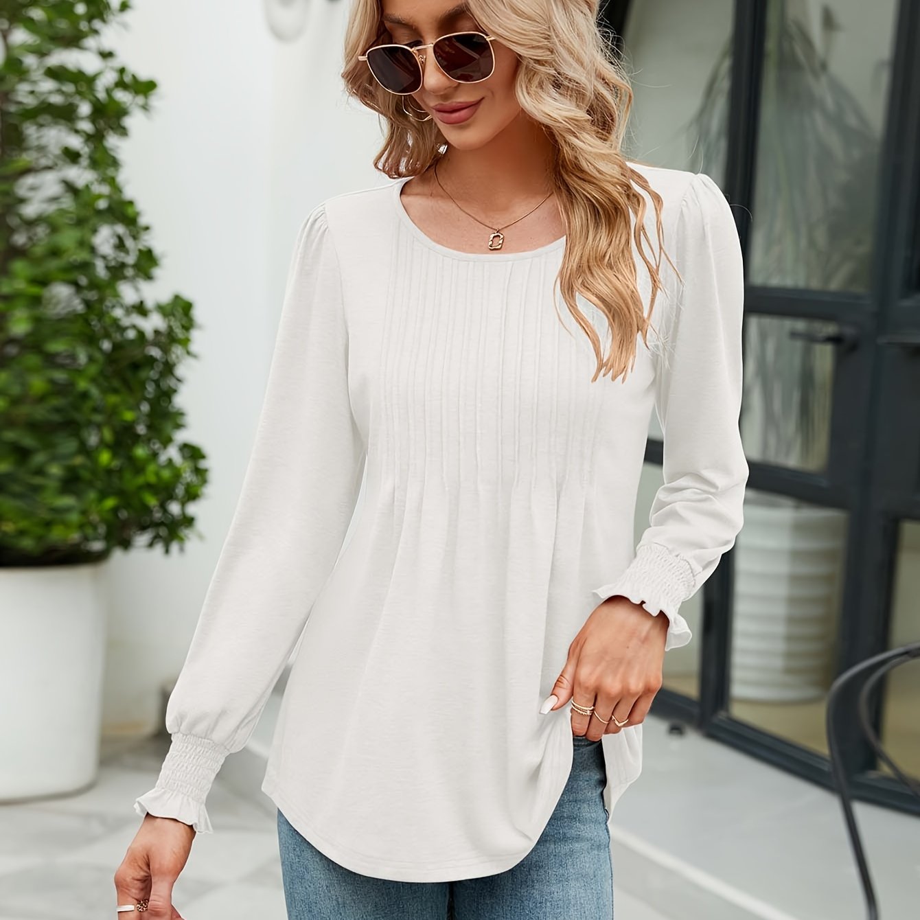 Women'S Casual Crew Neck Tunic Top - Long\u002FShort Sleeve, Ruched Chest, Loose Fit, Solid Color, Spring\u002FFall Fashion, Versatile Blouse | Relaxed Fit Shirt | Glossy Texture, Ladies T Shirts