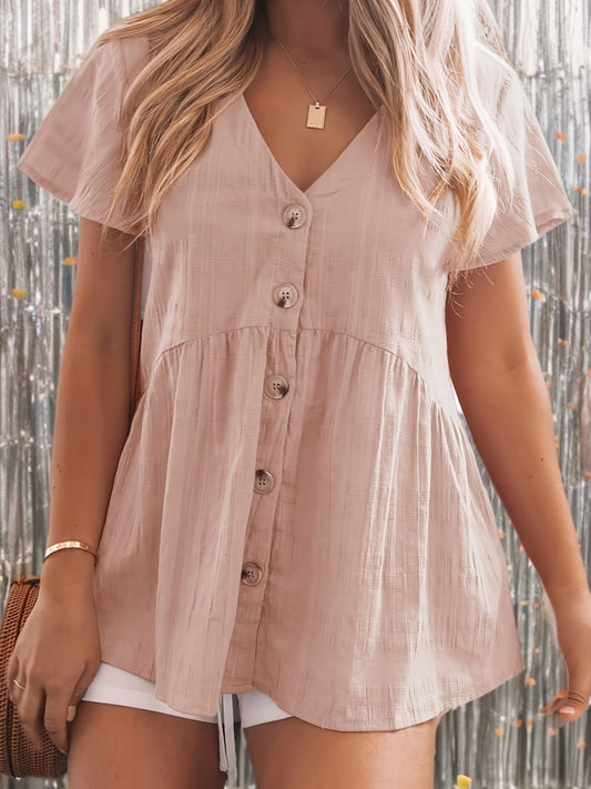 Women'S Short Sleeve V Neck Blouse Button Shirt Loose Casual Ruffle Hem Babydoll Peplum Tops For Summer Outings, Date Nights&Casual Style