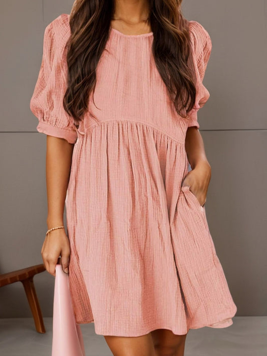Chic Women's A-Line Dress with Pockets - Casual Crew Neck, Short Lantern Sleeves & Ruffle Detail, Ideal for Daily Wear, Spring\u002FSummer\u002FFall, Machine Washable