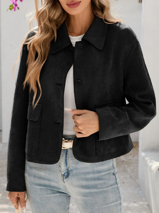 Women'S Cropped Faux Suede Shacket Jacket Vintage Button Coat Casual Outerwear for Fall\u002F Spring